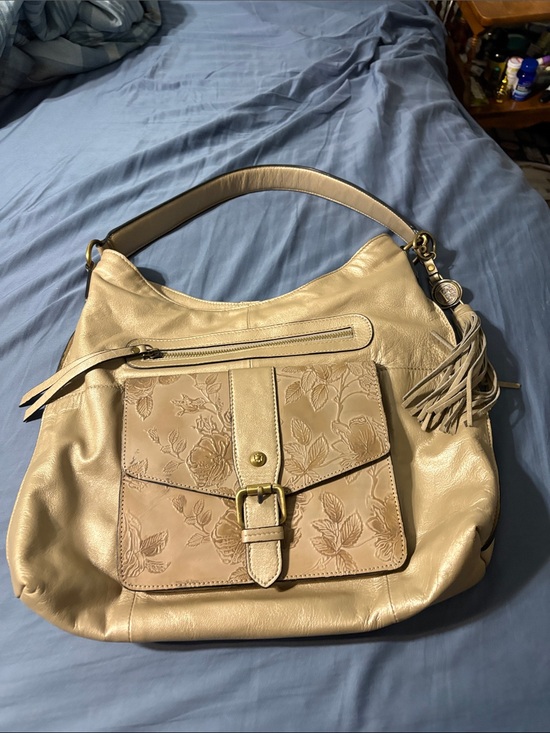 Firenza Bella Handbags - Leather Floral-Embossed Shoulder Bag in Cream by Firenze Bella. All leather.Used